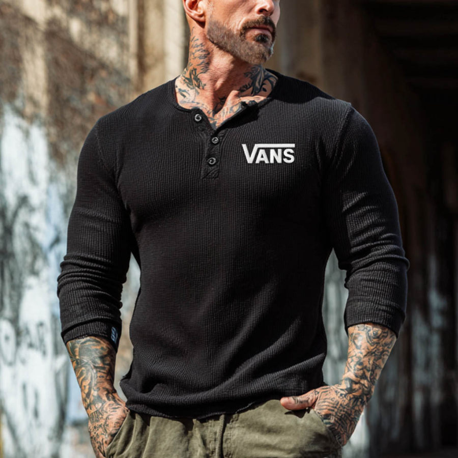 Men's Vintage Outdoor Black Waffle Knit Off The Wall Embroidery Print Long Sleeve Henley T-Shirt
Men's Vintage Outdoor Black Waffle Knit Off The Wall Embroidery Print Long Sleeve Henley T-Shirt