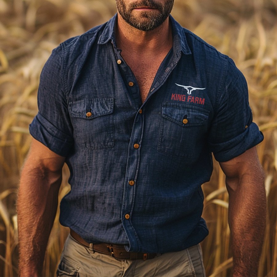 Men's Farm Western Cowboy Print Cotton And Linen Pocket Stand Collar Half Sleeve Lapel Shirt
Men's Farm Western Cowboy Print Cotton And Linen Pocket Stand Collar Half Sleeve Lapel Shirt