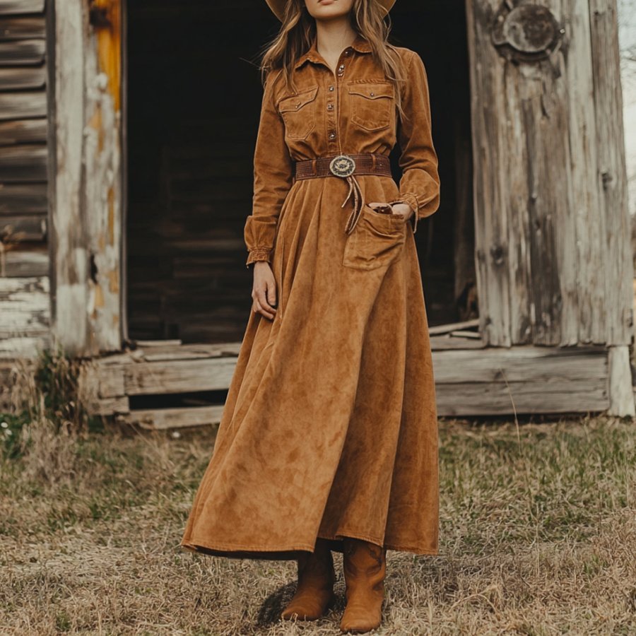 Ladies Vintage Western Style Pastoral Shirt Collar Pocket Rustic Boho Saddle Brown Chamois Dress
Ladies Vintage Western Style Pastoral Shirt Collar Pocket Rustic Boho Saddle Brown Chamois Dress