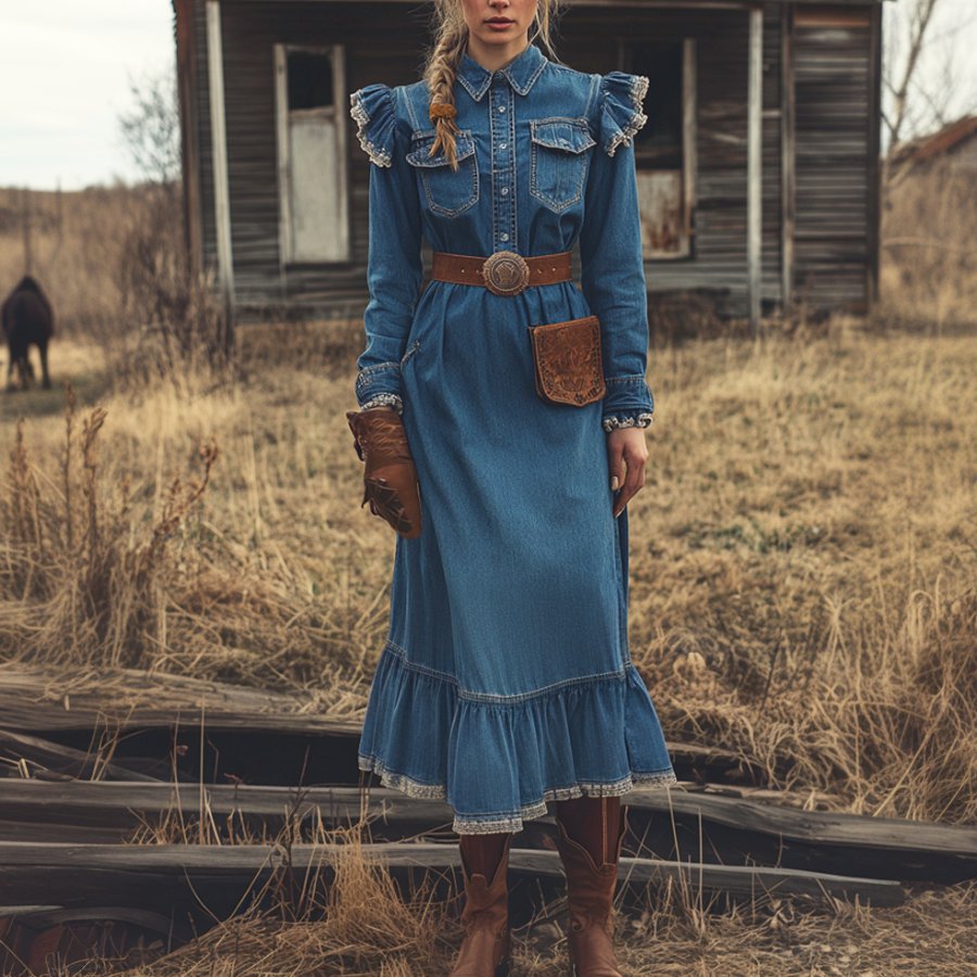 Ladies Vintage Western Style Pastoral Lace Shirt Collar Pocket Rustic Boho Denim Dress
Ladies Vintage Western Style Pastoral Lace Shirt Collar Pocket Rustic Boho Denim Dress