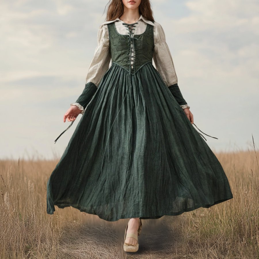 Ladies Vintage Lace-up Patchwork Puffed Sleeve Western Style Cotton And Linen Rustic Boho Dress
Ladies Vintage Lace-up Patchwork Puffed Sleeve Western Style Cotton And Linen Rustic Boho Dress