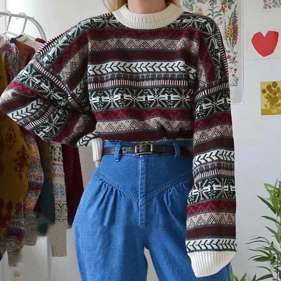Women's Vintage Geometric Pattern Striped Ethnic Style Print Round Neck Oversize Claret Sweatshirt
Women's Vintage Geometric Pattern Striped Ethnic Style Print Round Neck Oversize Claret Sweatshirt