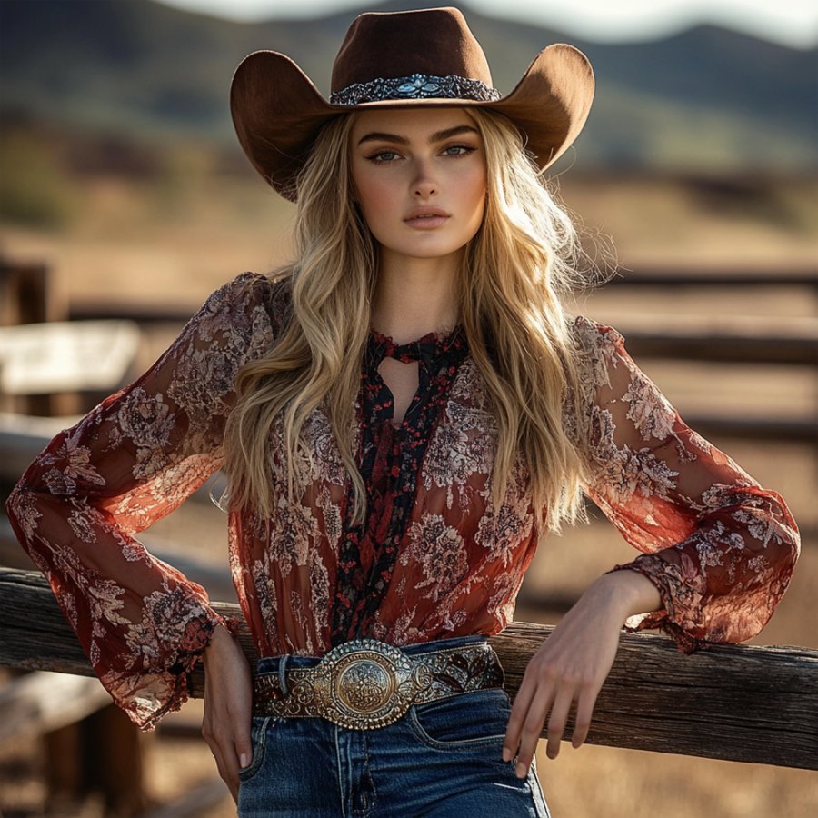 Ladies Vintage Chiffon Brick Red Floral Printed Western Style Long Sleeves Rustic Boho Shirt
Ladies Vintage Chiffon Brick Red Floral Printed Western Style Long Sleeves Rustic Boho Shirt