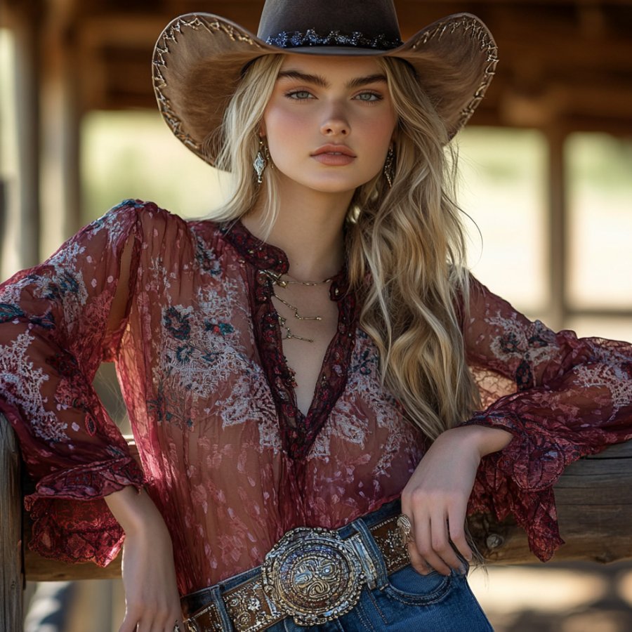 Ladies Vintage Chiffon Brick Red Floral Printed Western Style Long Sleeves Rustic Boho Shirt
Ladies Vintage Chiffon Brick Red Floral Printed Western Style Long Sleeves Rustic Boho Shirt