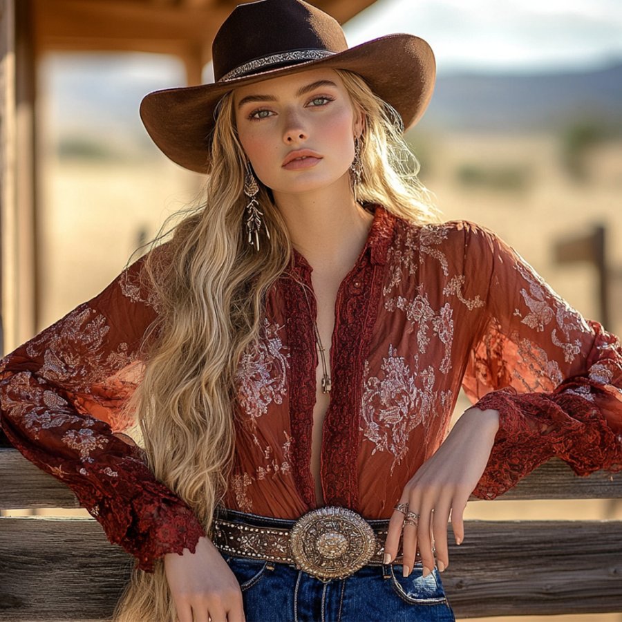 Ladies Vintage Chiffon Brick Red Floral Printed Western Style Long Sleeves Rustic Boho Shirt
Ladies Vintage Chiffon Brick Red Floral Printed Western Style Long Sleeves Rustic Boho Shirt
