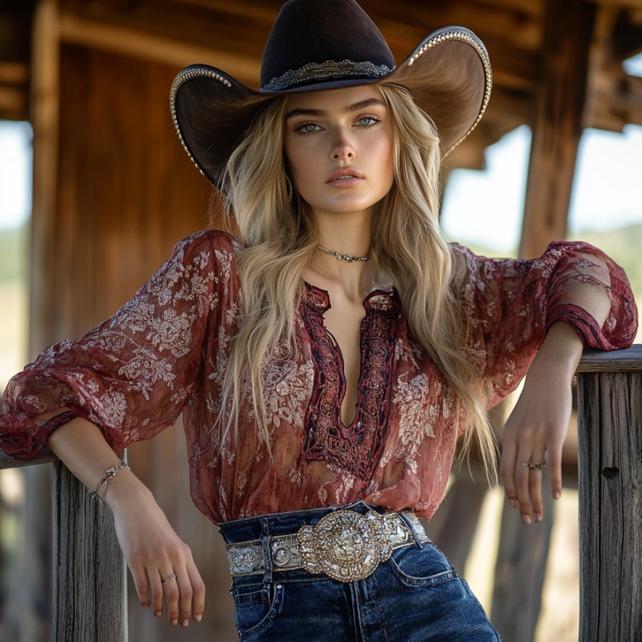 Ladies Vintage Chiffon Brick Red Floral Printed Western Style Long Sleeves Rustic Boho Shirt
Ladies Vintage Chiffon Brick Red Floral Printed Western Style Long Sleeves Rustic Boho Shirt