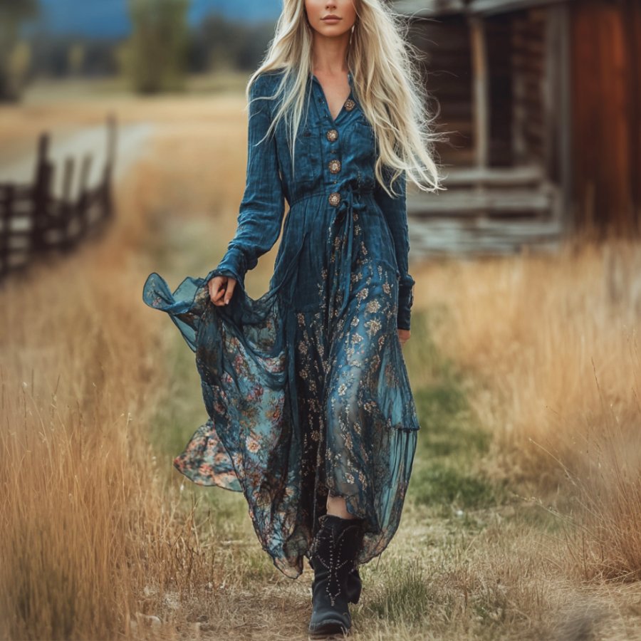 Ladies Vintage Blue Floral Printed Western Style Long Sleeves Rustic Boho Dress
Ladies Vintage Blue Floral Printed Western Style Long Sleeves Rustic Boho Dress