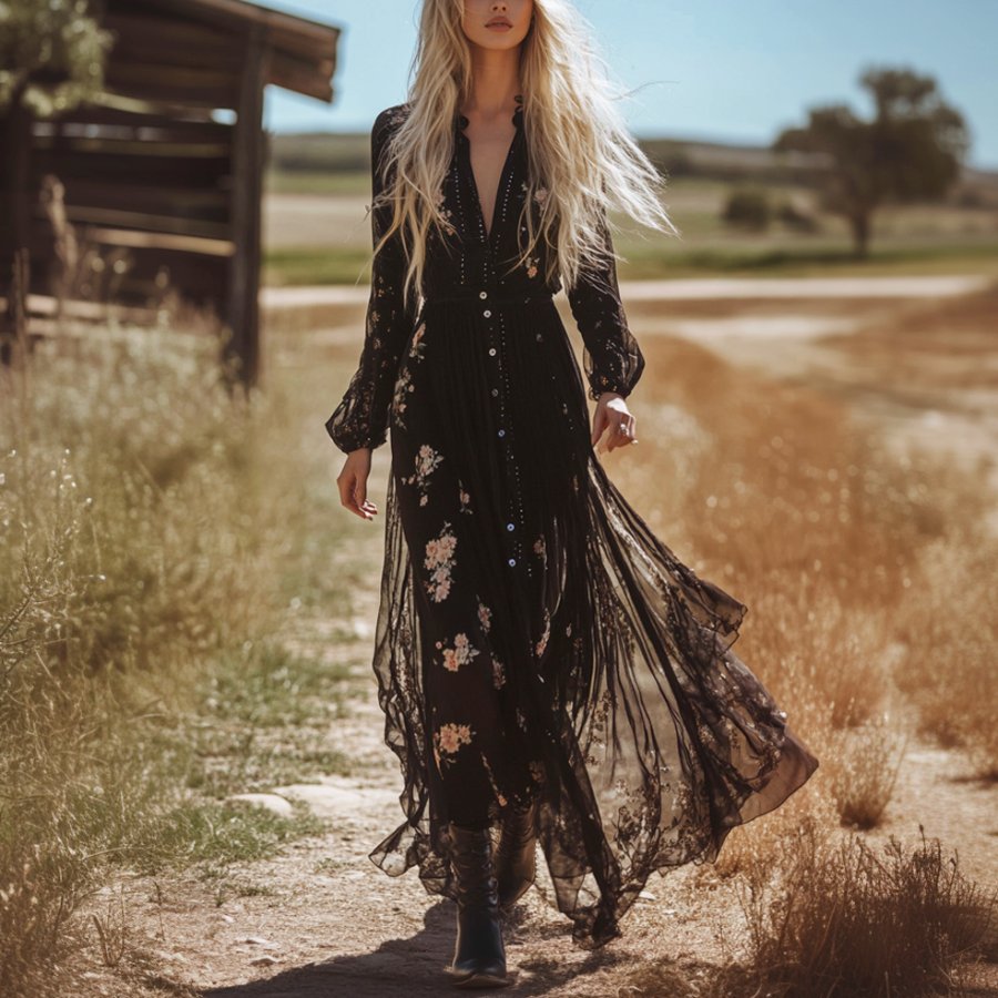 Ladies Vintage Black Chiffon Floral Floral Printed Western Style Long Sleeves V-neck Rustic Boho Dress
Ladies Vintage Black Chiffon Floral Floral Printed Western Style Long Sleeves V-neck Rustic Boho Dress