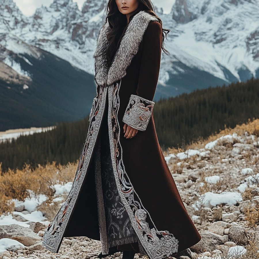 Women's Vintage Ethnic Style Printed Silver Fox Fur Trim Suede Jacket Long Afghan Coat
Women's Vintage Ethnic Style Printed Silver Fox Fur Trim Suede Jacket Long Afghan Coat
