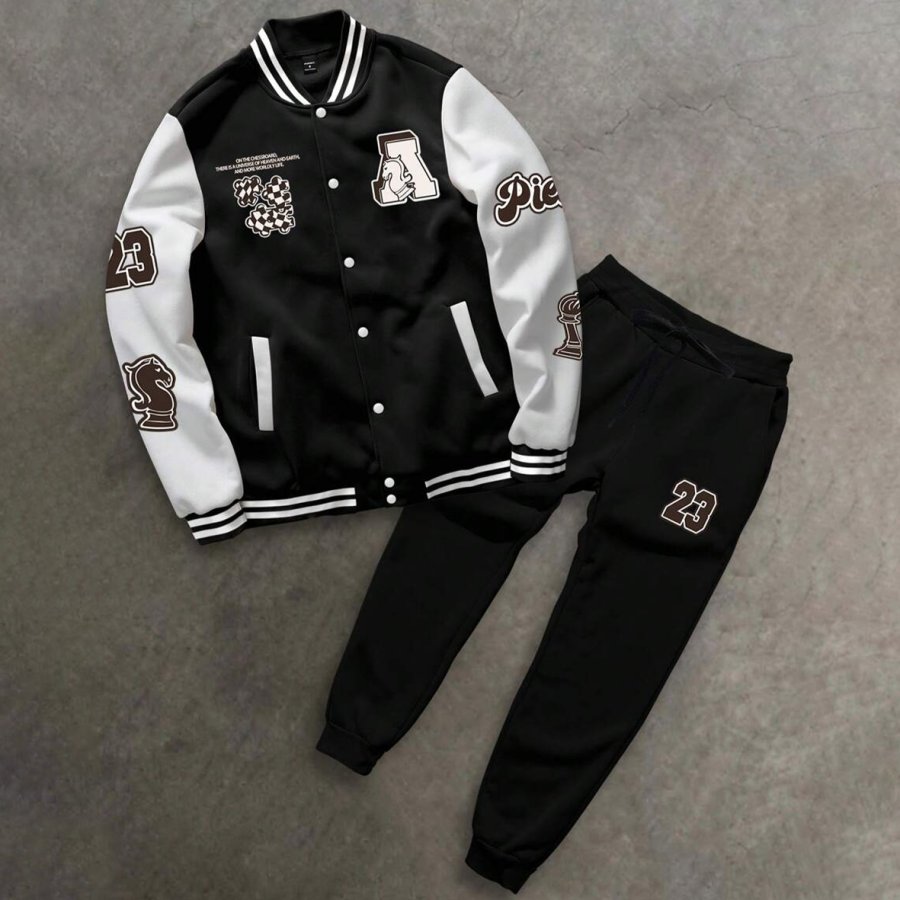 Men's Solid Color Splicing Letter Print Button-Front Jacket And Front Tie Sweatpants Casual Suit
Men's Solid Color Splicing Letter Print Button-Front Jacket And Front Tie Sweatpants Casual Suit
