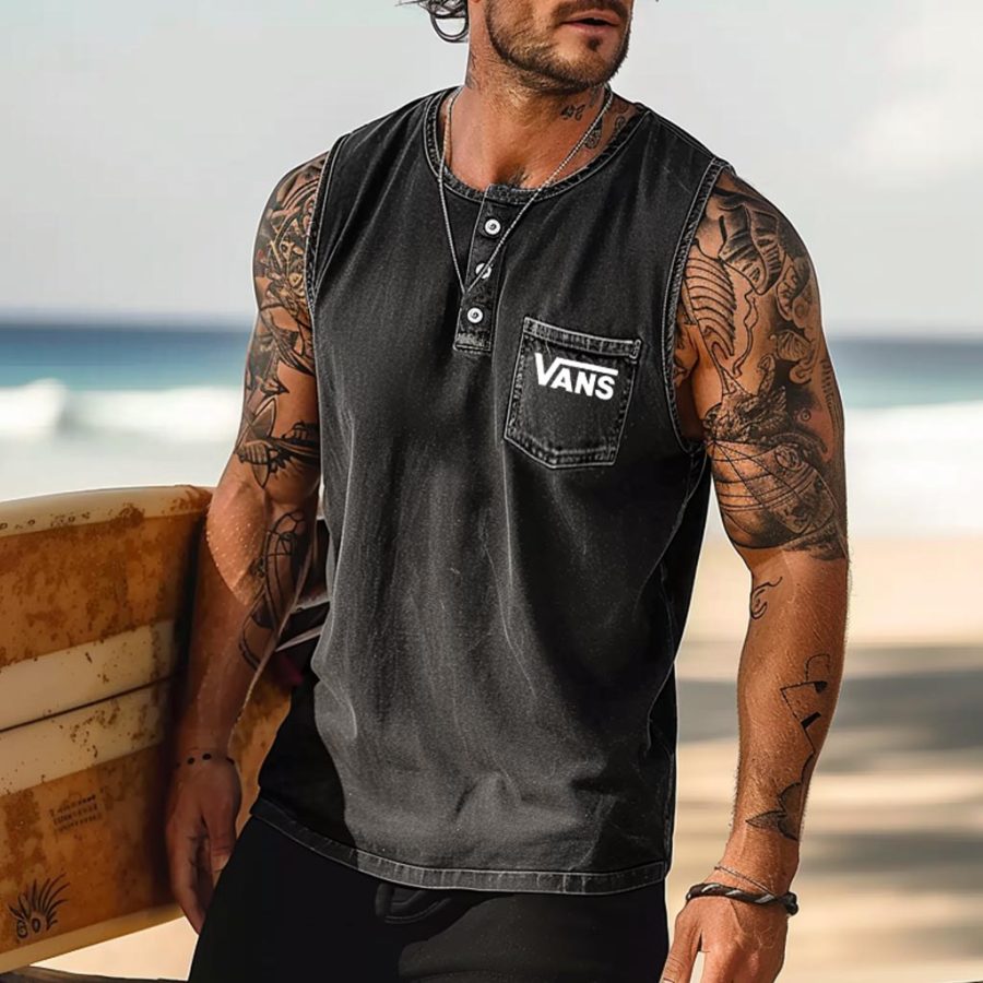 Men's Vintage Washed Distressed Surfing Print Chest Pocket Henley Sleeveless Tank Top
Men's Vintage Washed Distressed Surfing Print Chest Pocket Henley Sleeveless Tank Top