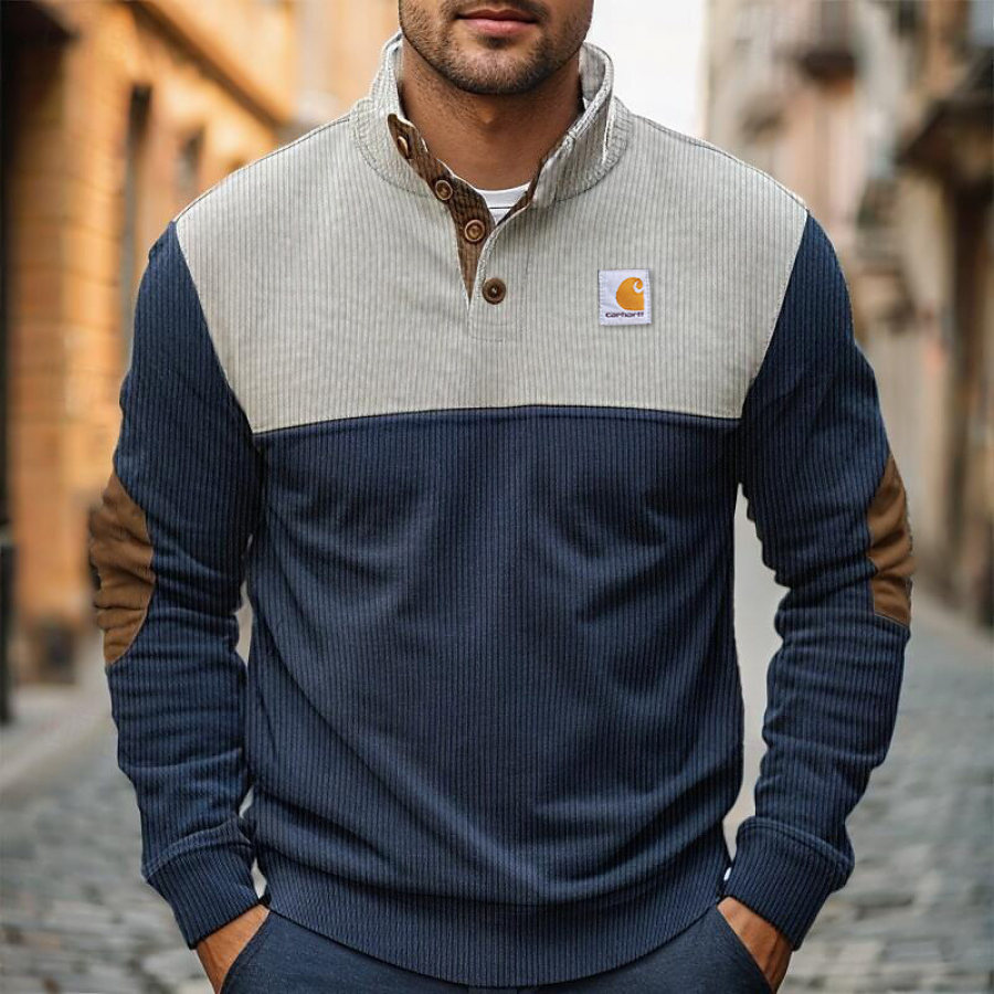 Men's Vintage Corduroy Suede Color Block Sleeve Elbow Patches Long Sleeve Button Stand Collar Sweatshirt
Men's Vintage Corduroy Suede Color Block Sleeve Elbow Patches Long Sleeve Button Stand Collar Sweatshirt