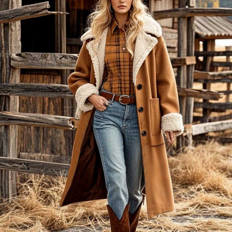 Women's Vintage Western Cowgirl Cyanotype Mid-Length Fleece Fur Lapel Brown Coat Jacket
Women's Vintage Western Cowgirl Cyanotype Mid-Length Fleece Fur Lapel Brown Coat Jacket