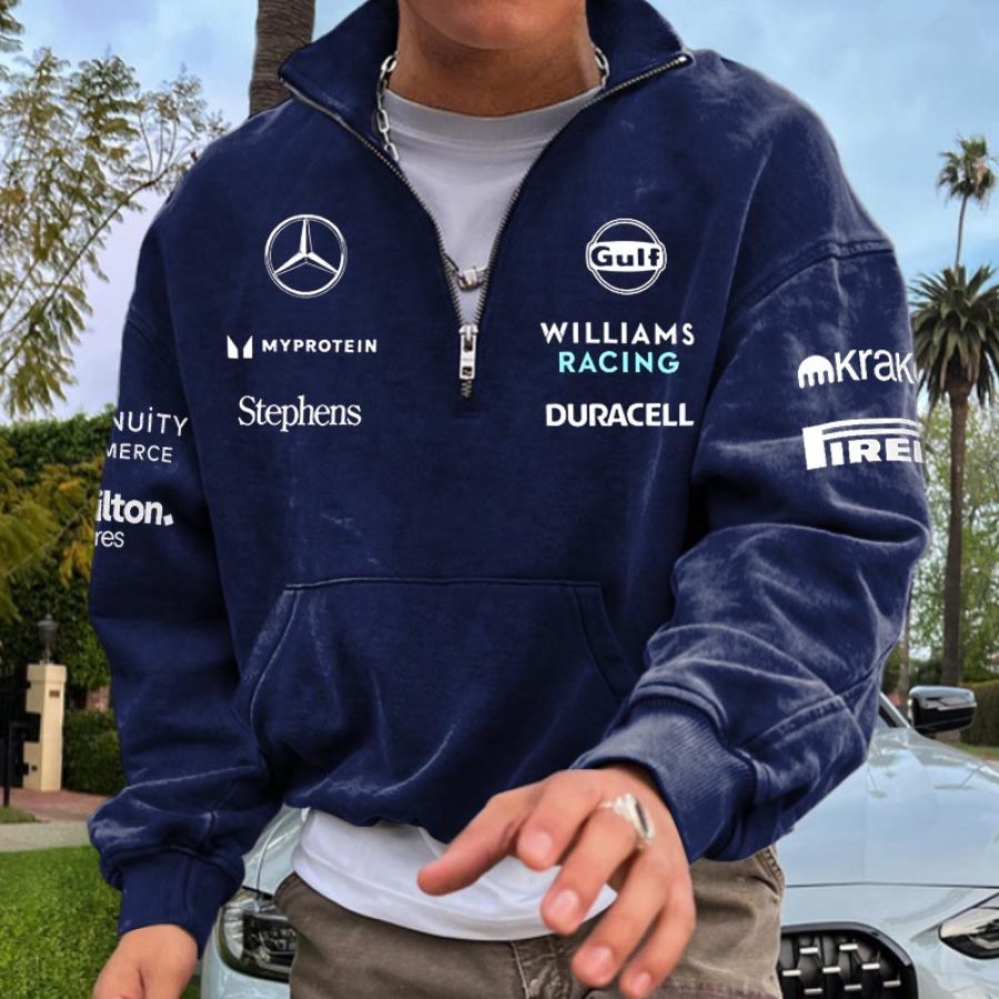 Men's Vintage Racing Car Print Pocket Zip-up Stand Collar Navy Sweatshirt
Men's Vintage Racing Car Print Pocket Zip-up Stand Collar Navy Sweatshirt