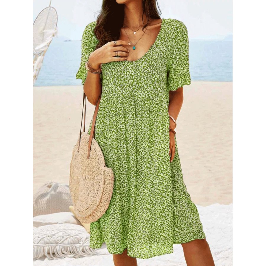 Floral Print Mid-length Casual Short-sleeved Shift Dress