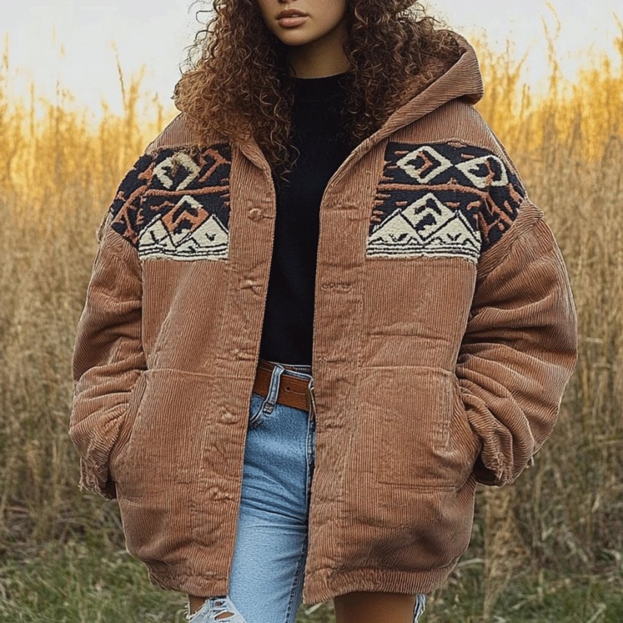 Women's Vintage Aztec Panel Corduroy Hooded Jacket
Women's Vintage Aztec Panel Corduroy Hooded Jacket
