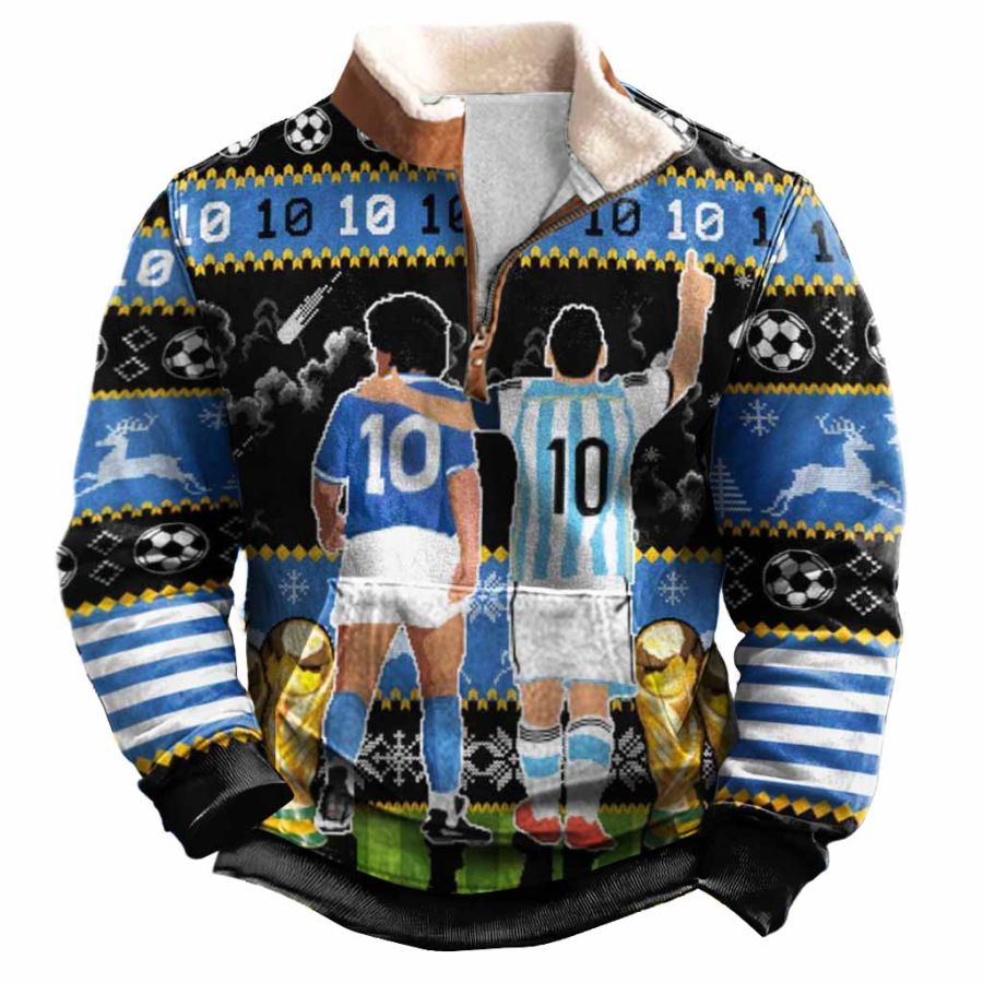 Men's Vintage Two Football Legends Messi Maradona Print Fleece Collar Quarter Zip Stand Collar Ugly Christmas Sweatshirt
Men's Vintage Two Football Legends Messi Maradona Print Fleece Collar Quarter Zip Stand Collar Ugly Christmas Sweatshirt