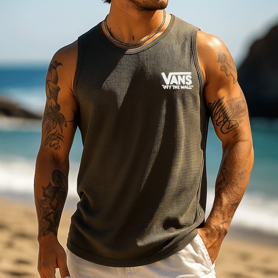 Men's Waffle Sleeveless Tank Top With Bold Logo Print For Summer Beachwear
Men's Waffle Sleeveless Tank Top With Bold Logo Print For Summer Beachwear