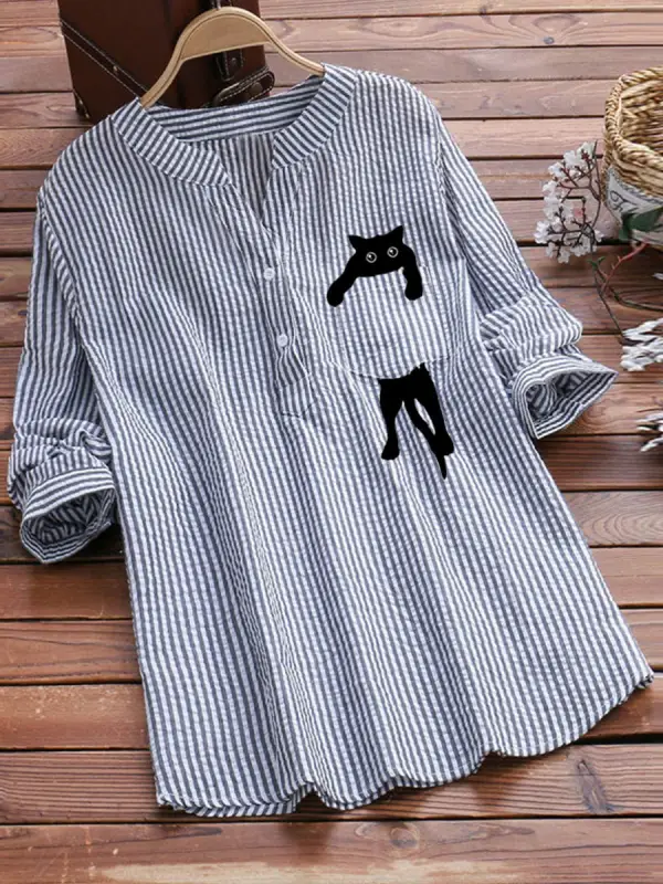 V-Ausschnitt Baumwolle und Leinen gestreift und Cat Print Langarm Bluse - Plazabery.chimpone.com 