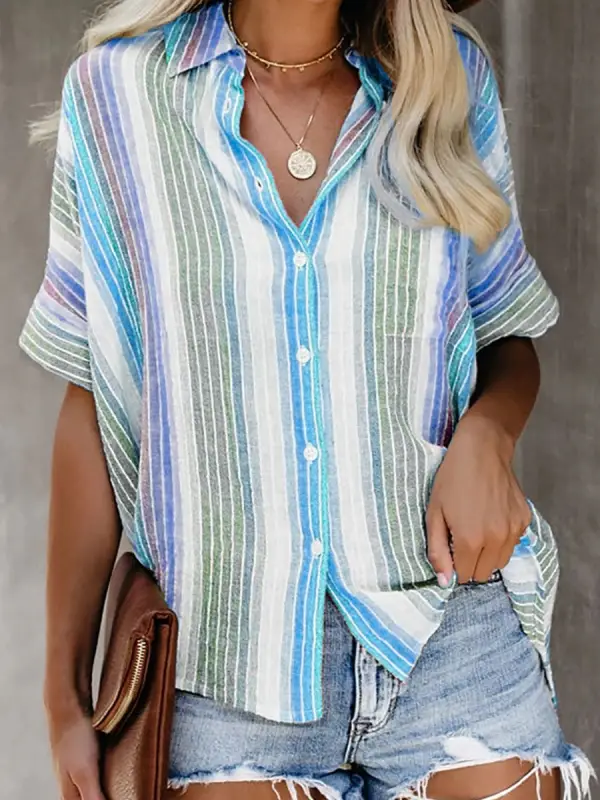 Striped Cotton And Linen Short-sleeved Blouse - Ninacloak.com 