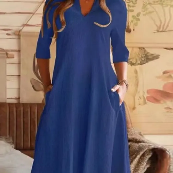Ladies V-neck Solid Color Cotton And Linen Shift Dress - Styletaken.chimpone.com 