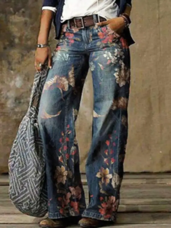 Denim Print Loose Retro Pants - Ninacloak.com 