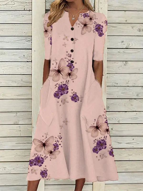 Butterfly Print Long Sleeve Casual Maxi Dress - Oasisjoy.com 