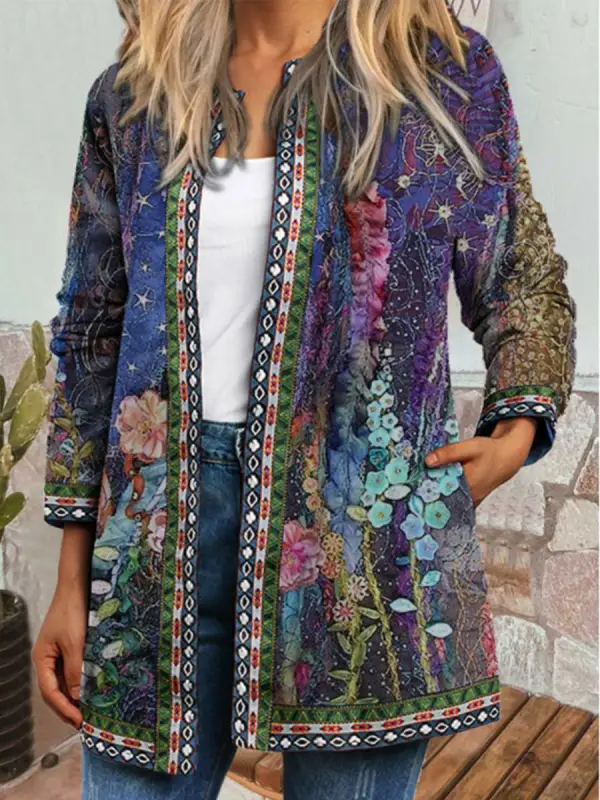 Retro Ethnic Print Long Sleeve Outerwear - Ninacloak.com 