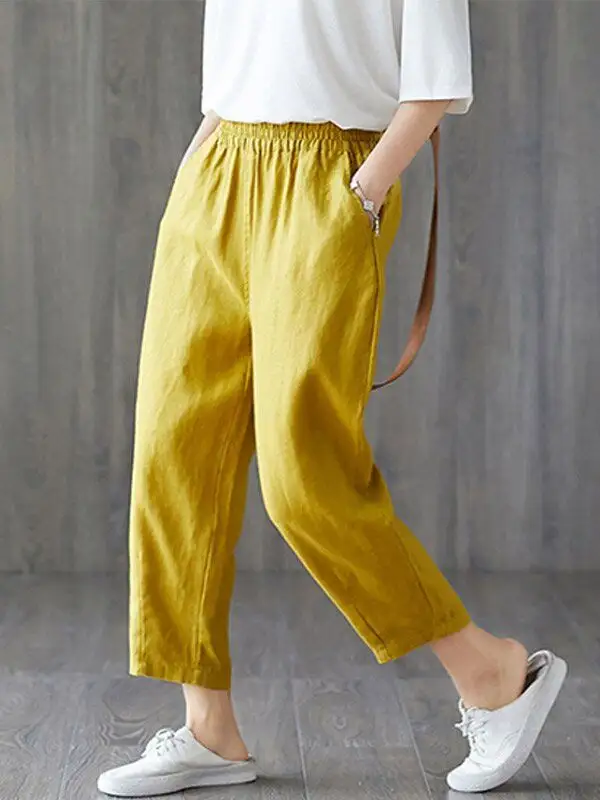 Womens plus size cotton linen elastic pants - Ninacloak.com 