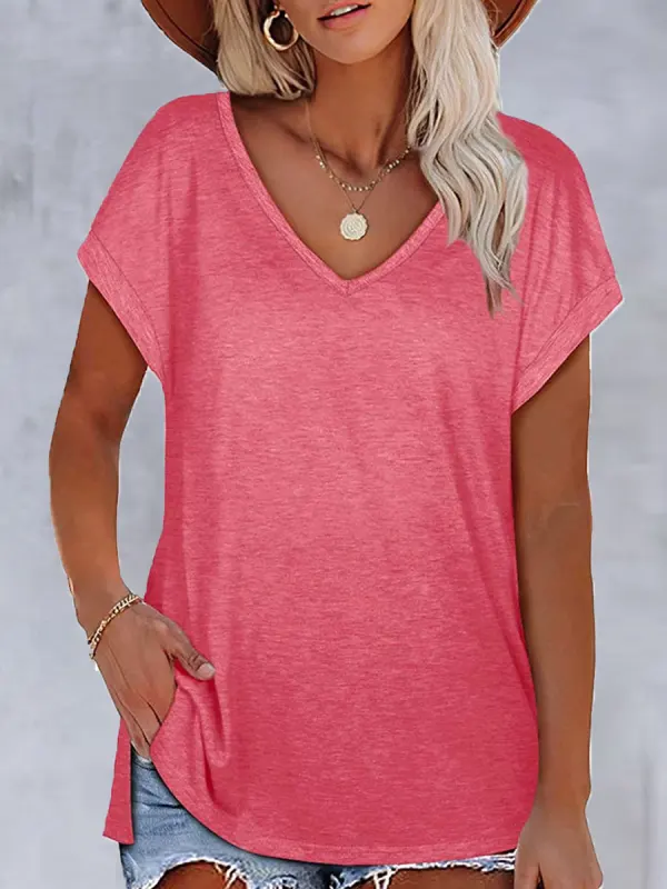 V-neck Casual Loose Solid Color Short-sleeved T-shirt - Ninacloak.com 