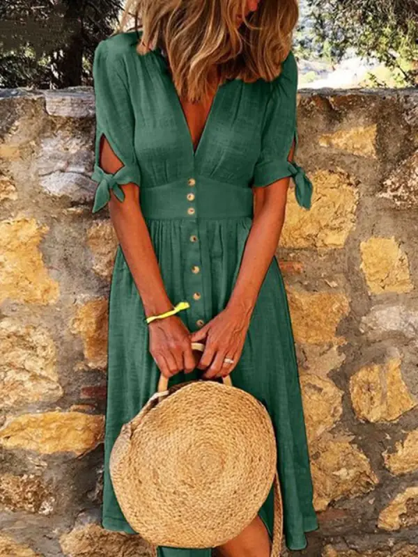 V-neck Solid Color Cotton And Linen Midi Dress - Ninacloak.com 