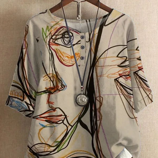 Loose Cotton Print Short-Sleeved Shirt - Wayrates.com 