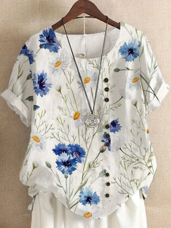 Cotton Marguerite Flower Print Short Sleeve Shirt - Ninacloak.com 