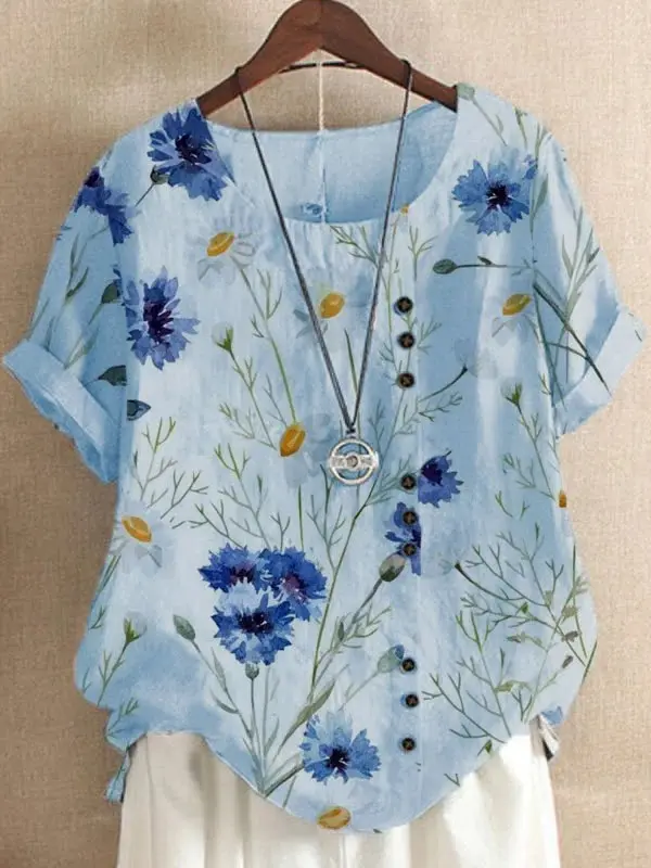 Cotton Daisy Print Short Sleeve Shirt - Oasisjoy.com 