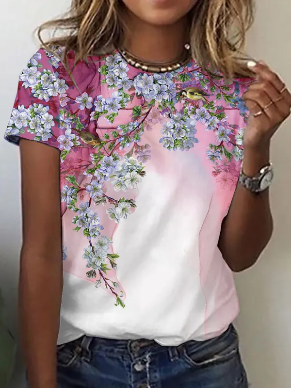 Casual Floral Print Short-Sleeved T-Shirt - Ninacloak.com 