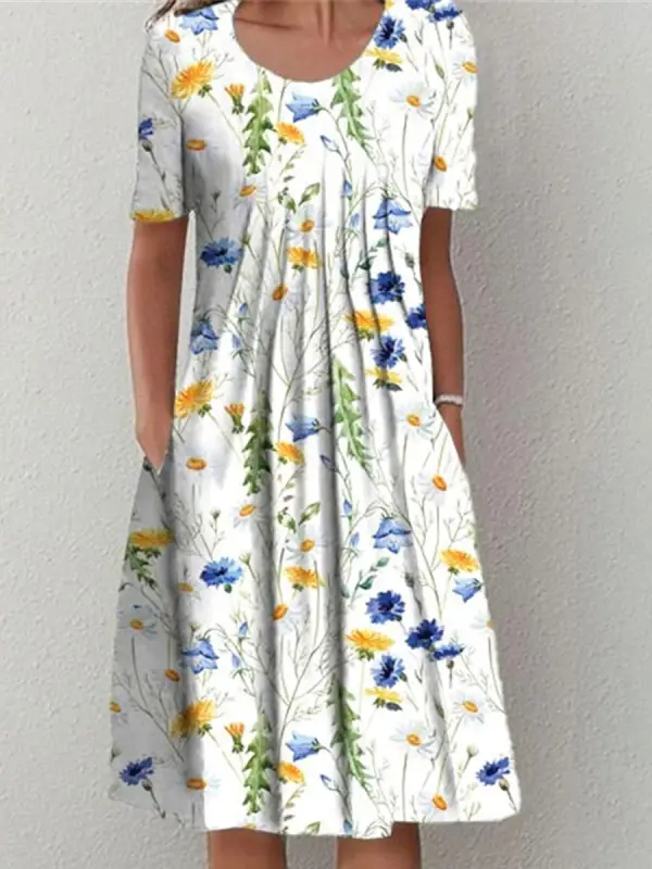 Round Neck Casual Loose Floral Print Short Sleeve Midi Dress - Ninacloak.com 