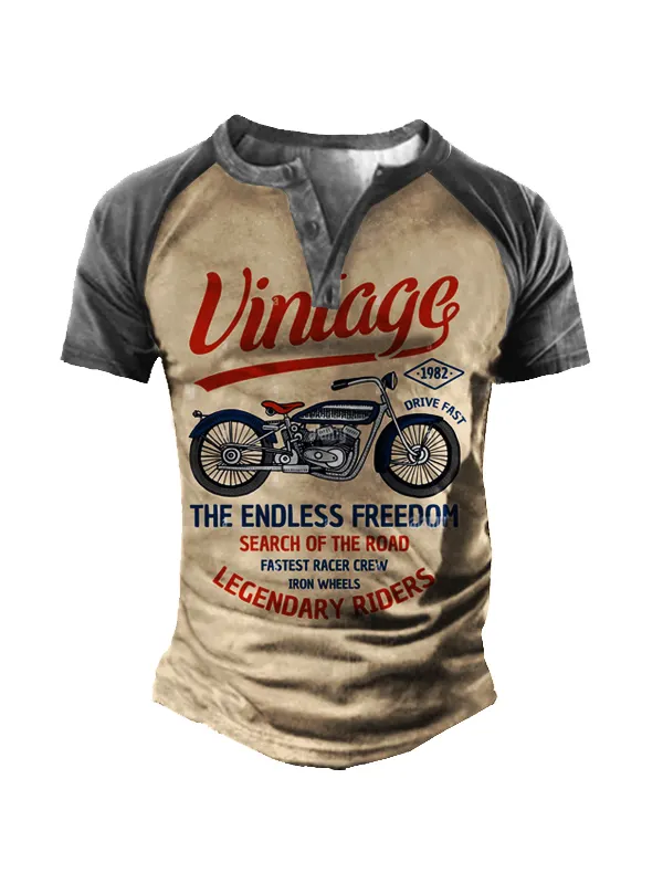 Vintage Motorcycle Racing Men's Print Henley Short Sleeve T-Shirt - Ninacloak.com 