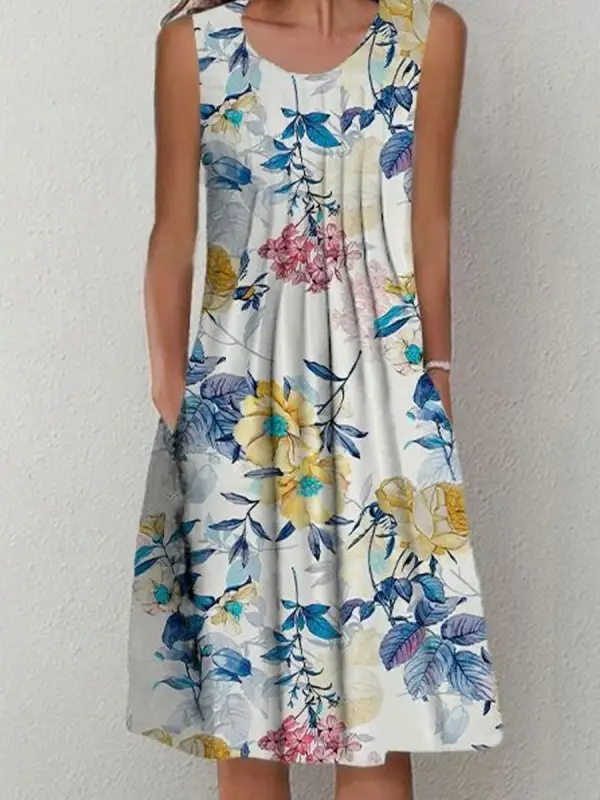 Round Neck Relaxed Loose Floral Print Resort Sleeveless Midi Dress - Ninacloak.com 