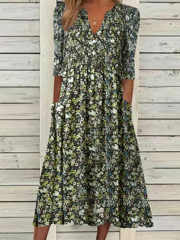 V-neck Casual Loose Floral Print Summer Short Sleev Midi Dress - Ninacloak.com 