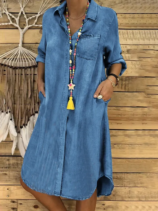 Casual Lapel Solid Denim Dress - Ninacloak.com 