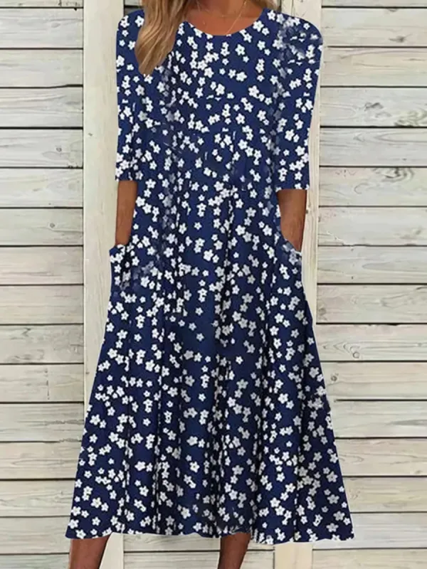 Summer Round Neck Pocket Print Dress - Ninacloak.com 