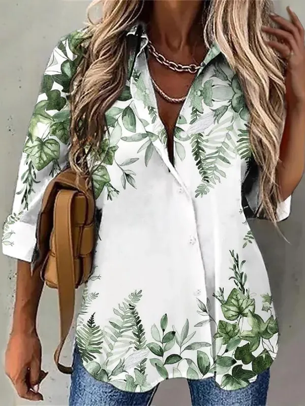 Fashion Floral Print Lapel Long Sleeve Shirt - Ninacloak.com 