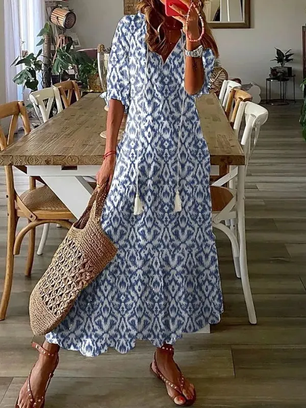 Casual Loose V-Neck Printed Short Sleeve Maxi Dress - Ninacloak.com 