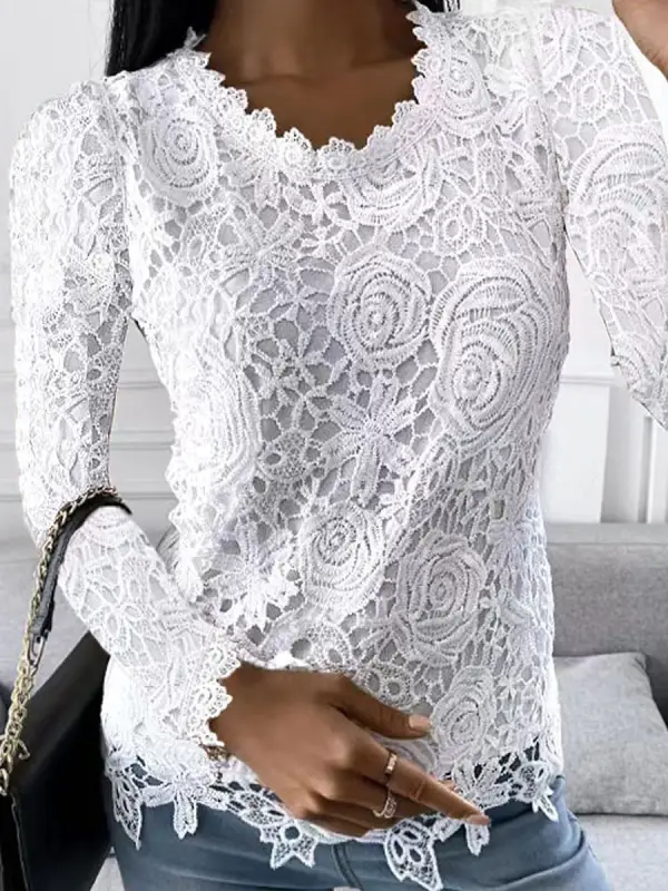 Round Neck Casual Loose Solid Color Lace Long Sleeve T-shirt - Ninacloak.com 