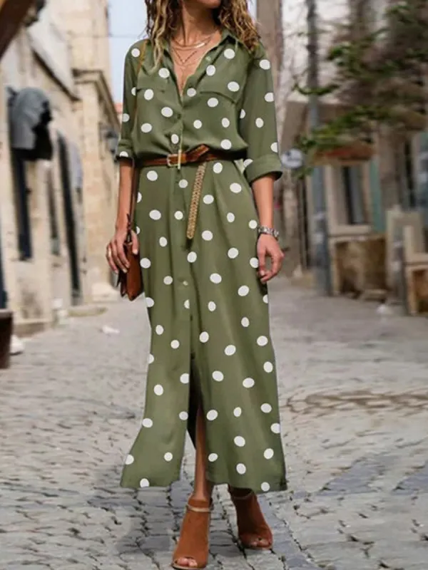 Casual Fashion Polka Dot Print Lapel Long Sleeve Maxi Dress - Ninacloak.com 