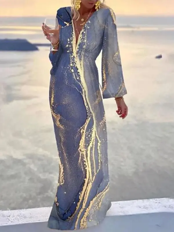 Casual Marble Print V Neck Long Sleeve Maxi Dress - Ninacloak.com 