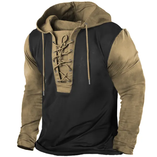 Men's Outdoor Vintage Colorblock Lace-Up Hooded Long Sleeve T-Shirt Only $20.89 - Wayrates.com 