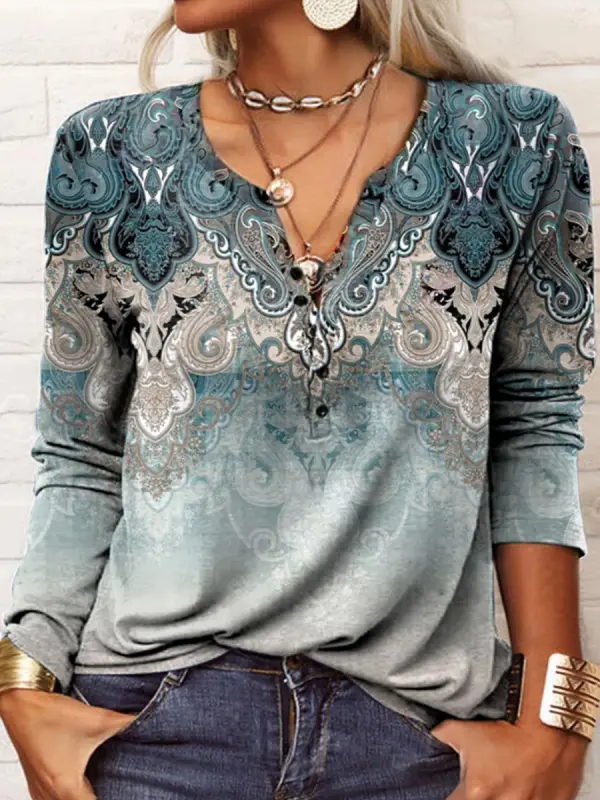 Round Neck Casual Loose Vintage Print Long Sleeve T-shirt - Ninacloak.com 