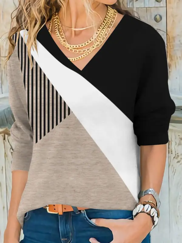 V-neck Casual Loose Stripe Print Stitching Long-sleeved T-shirt - Ninacloak.com 