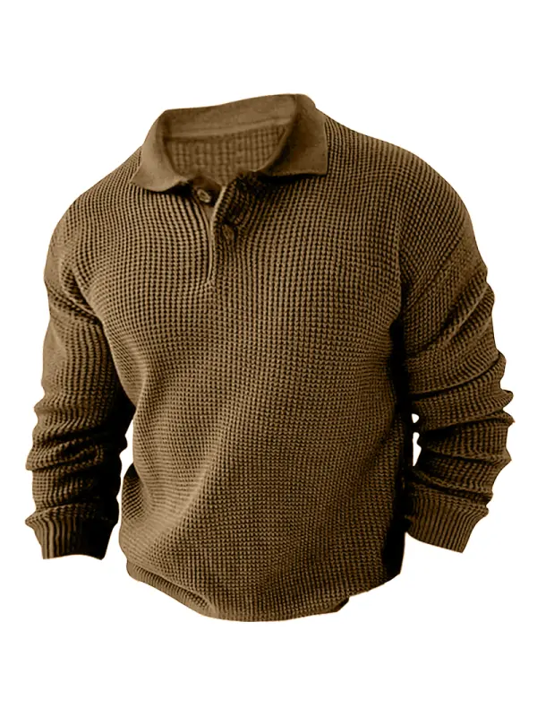 Men's Vintage Long Sleeve Pol Casual Quarter Button Up Lapel Collar Fall Winter O Sweater - Ninacloak.com 